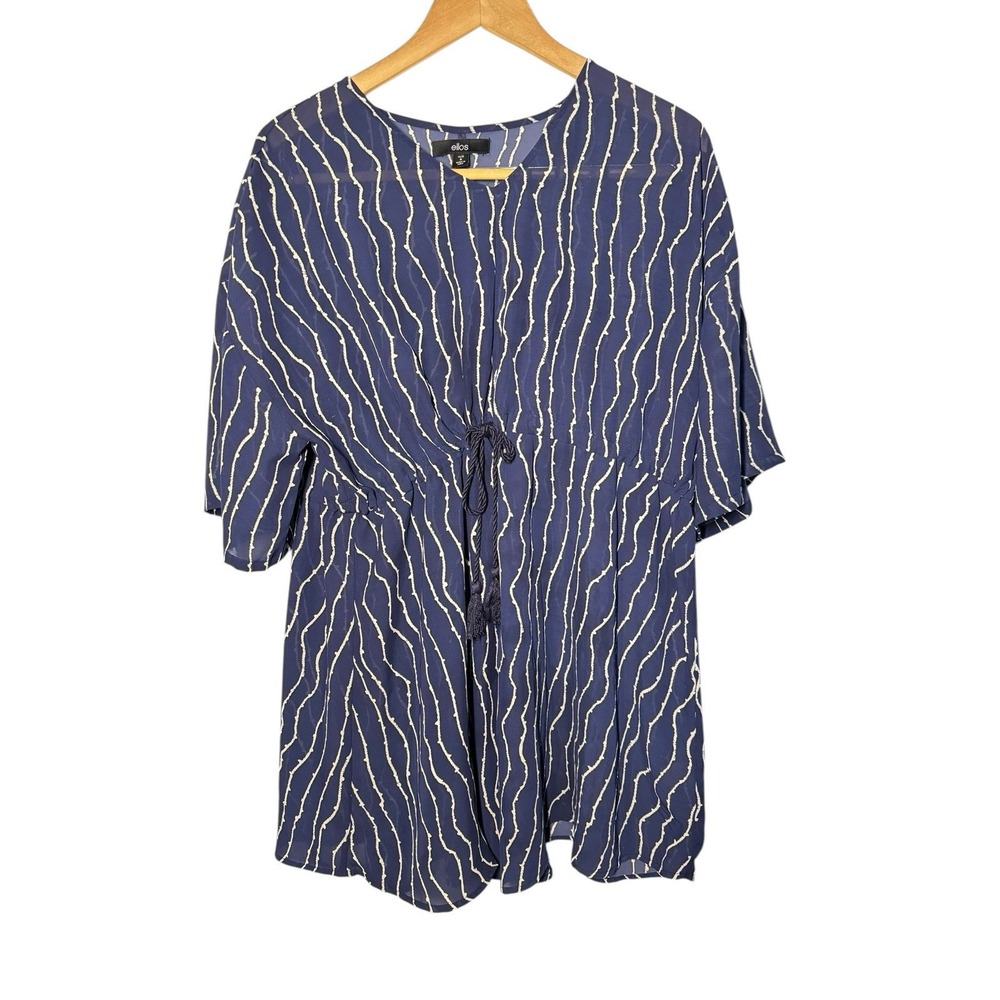 ELLOS Women's Medium 14/16 Blue White Print Beach Swim Sheer Coverup Dress‎ NEW